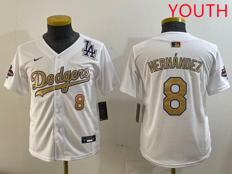 Youth Los Angeles Dodgers #8 Hernandez White Champion gold character 2025 Nike MLB Jersey style 5->women mlb jersey->Women Jersey